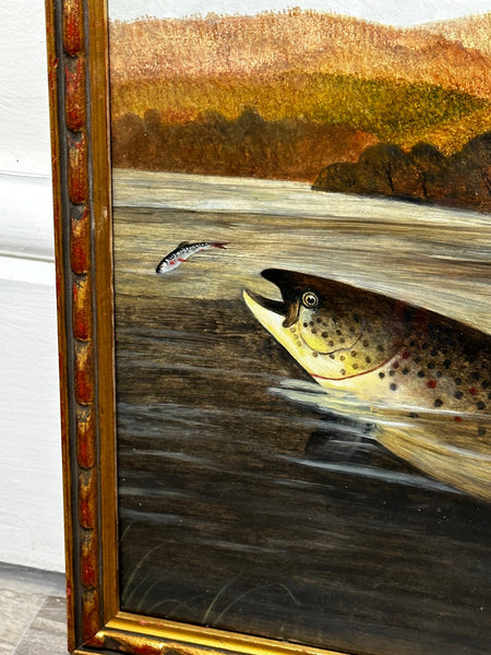 Sporting Fishing Oil Painting "Rainbow Trout Fish Surfacing By A Roland Knight - Cheshire Antiques Consultant