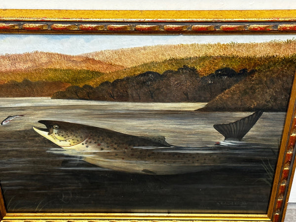 Sporting Fishing Oil Painting "Rainbow Trout Fish Surfacing By A Roland Knight - Cheshire Antiques Consultant