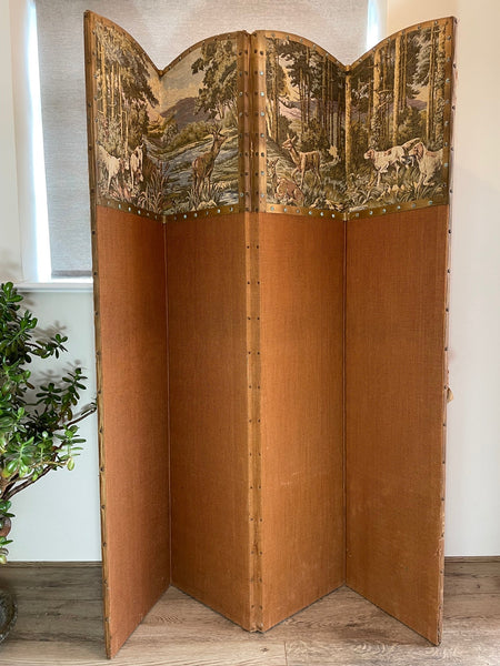 Victorian 4 Panelled Hunting Dogs Deers Tapestry Room Extending Divider Folding Screen - Cheshire Antiques Consultant