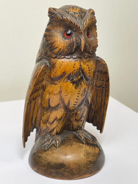 Victorian Carved Wood Owl Bird Inkwell Treen Sculpture - Cheshire Antiques Consultant