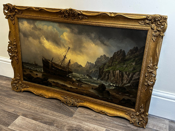 Victorian Dramatic Large Oil Painting Cornish Shipwreck Ship By Millson Hunt - Cheshire Antiques Consultant
