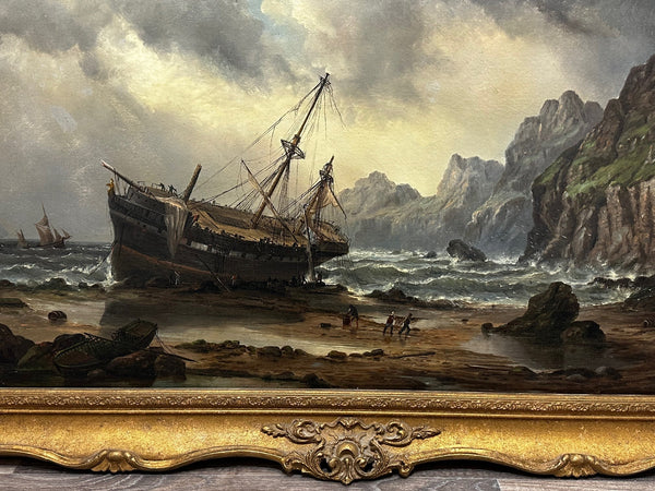 Victorian Dramatic Large Oil Painting Cornish Shipwreck Ship By Millson Hunt - Cheshire Antiques Consultant