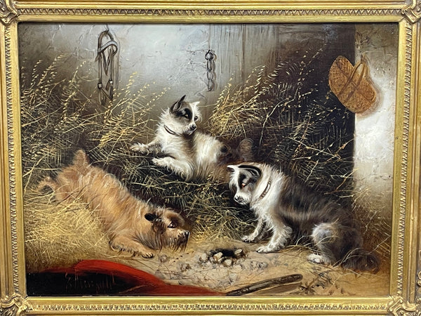 Victorian Oil Painting 3 Hunting Terrier Dogs "A Sharp Lookout" Edward Armfield 1817-1896 - Cheshire Antiques Consultant