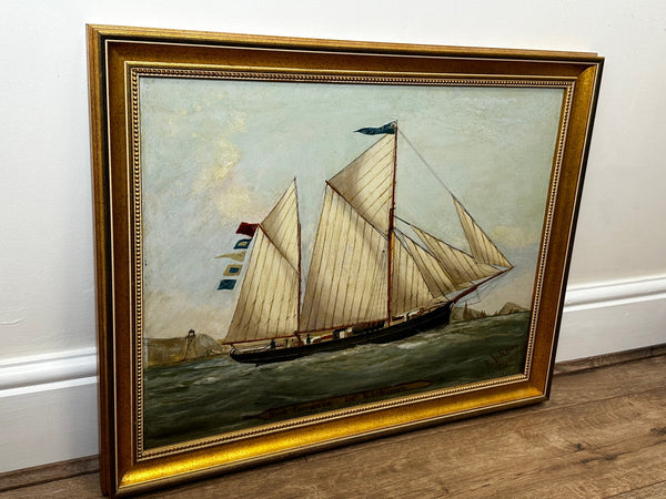 Victorian Oil Painting Marine Schooner Sailing Ship Levonia Off Coast Portsmouth - Cheshire Antiques Consultant