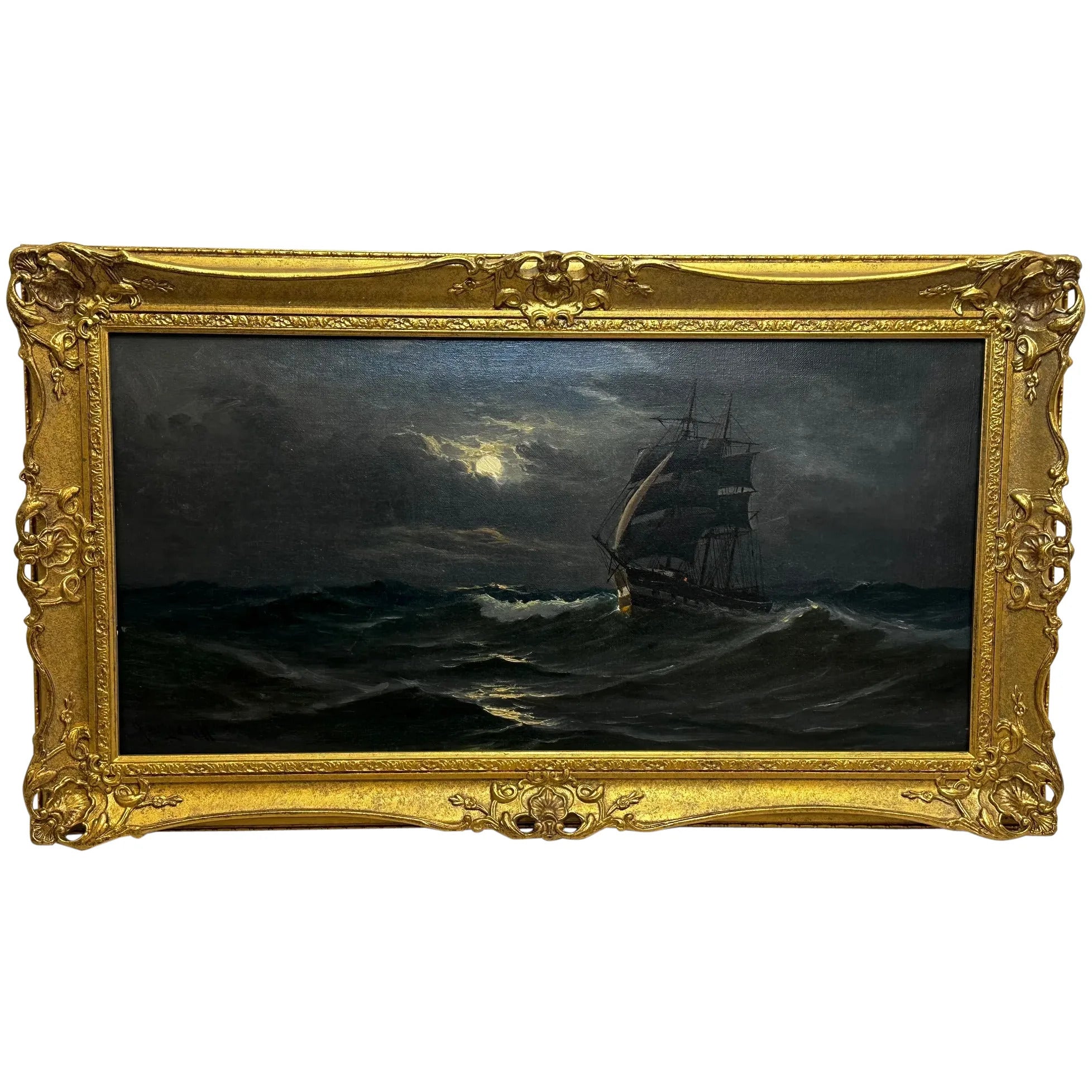 Victorian Oil Painting Marine Ship Sailing By Moonlight By John Davidson Liddell - Cheshire Antiques Consultant
