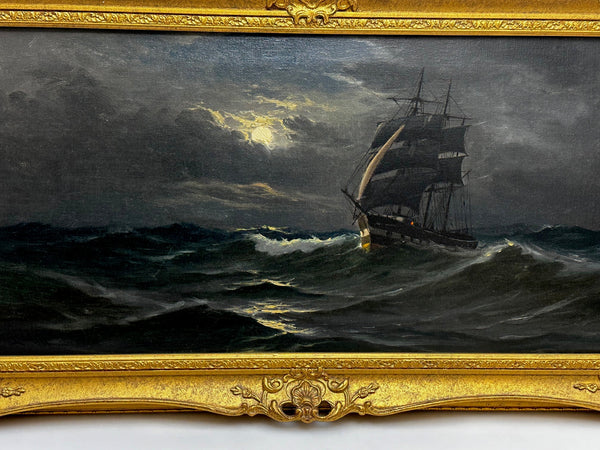 Victorian Oil Painting Marine Ship Sailing By Moonlight By John Davidson Liddell - Cheshire Antiques Consultant