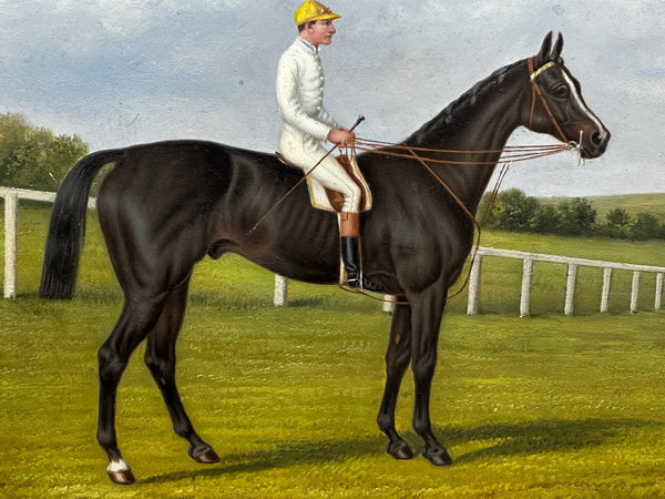 Victorian Oil Painting Race Horse Harvester & Jockey 1884 Derby Winner - Cheshire Antiques Consultant