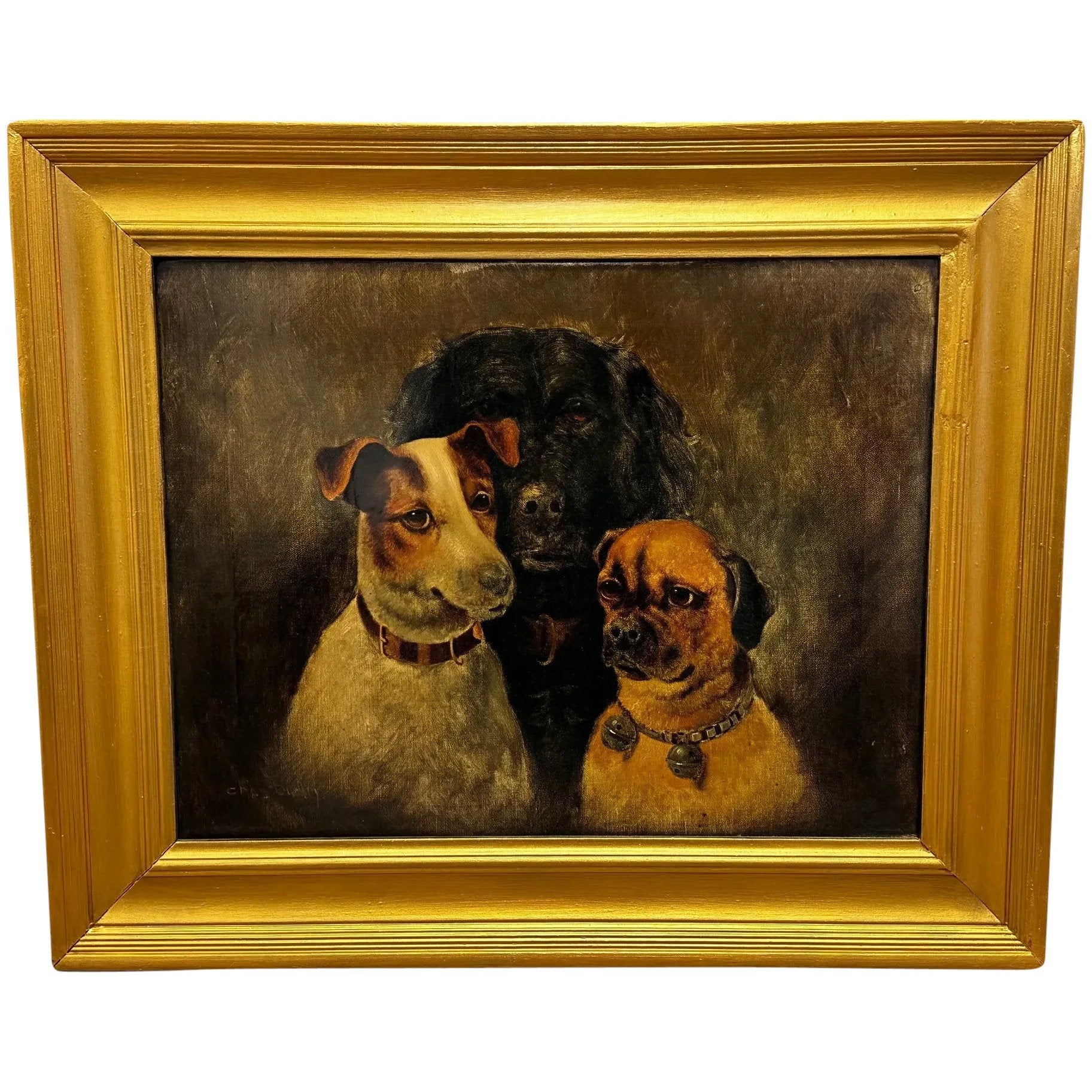 Victorian Oil Painting The Three Graces Jack Russell, Cocker Spaniel & Pug Dogs - Cheshire Antiques Consultant
