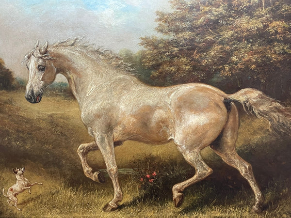 Victorian Oil Painting White Bay Hunter Horse With Jack Russell "Playmates" By Leonardo Cattermole - Cheshire Antiques Consultant