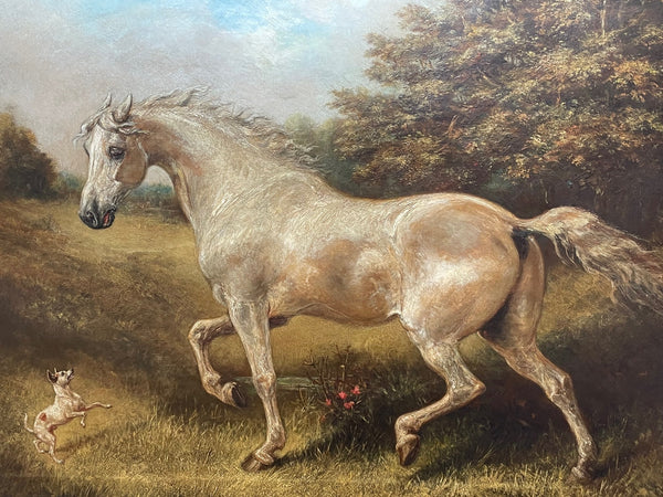 Victorian Oil Painting White Bay Hunter Horse With Jack Russell "Playmates" By Leonardo Cattermole - Cheshire Antiques Consultant