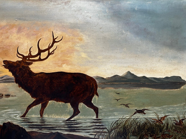 Victorian Oil Painting Wild Stag Male Deer Scottish Highlands Wading Loch Lomond - Cheshire Antiques Consultant