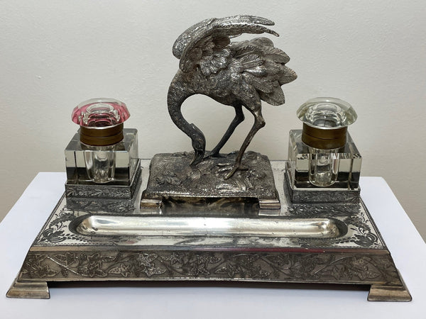 Victorian Silver Plate Crane Bird Inkwell Stand After James Deakin - Cheshire Antiques Consultant