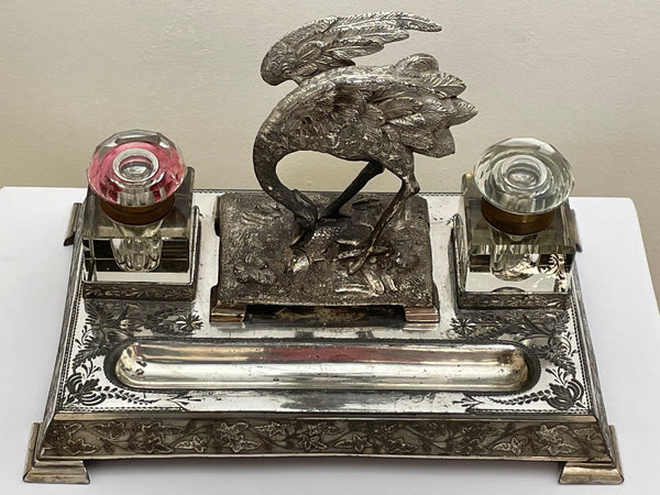 Victorian Silver Plate Crane Bird Inkwell Stand After James Deakin - Cheshire Antiques Consultant