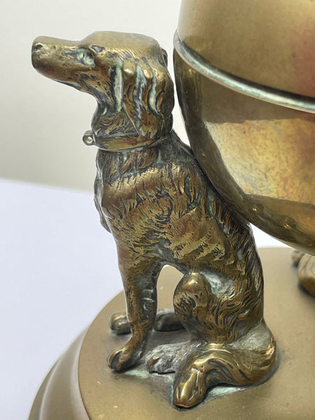 Victorian Solid Brass Inkwell 3 Irish Setter Dog Hounds Supporting Globe - Cheshire Antiques Consultant
