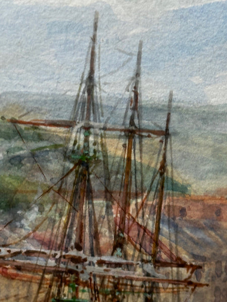 Victorian Watercolour Marine Painting Brixham Devon from Breakwater Fishing Port - Cheshire Antiques Consultant