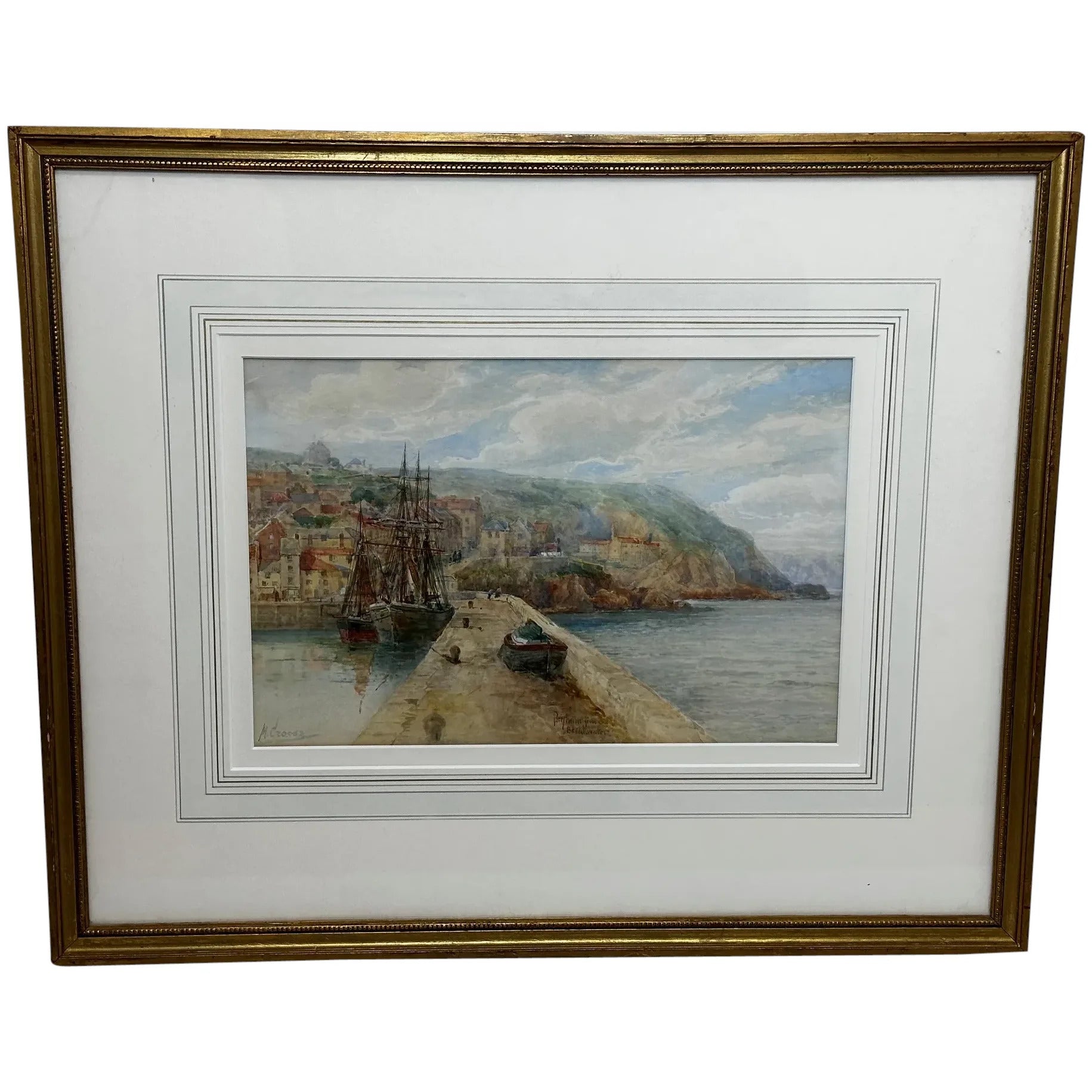 Victorian Watercolour Marine Painting Brixham Devon from Breakwater Fishing Port - Cheshire Antiques Consultant