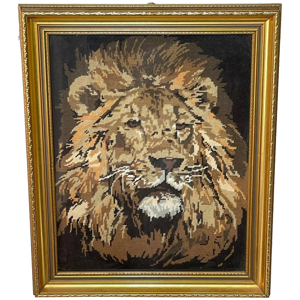 Vintage Original Embroidered Lion Animal Head Portrait Tapestry - Cheshire Antiques Consultant