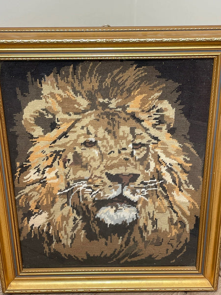 Vintage Original Embroidered Lion Animal Head Portrait Tapestry - Cheshire Antiques Consultant