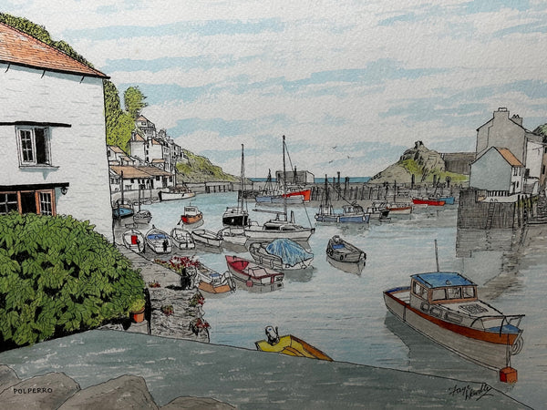 Watercolour Cornish Marine Fishing Seaside Coast Polperro Cornwall - Cheshire Antiques Consultant