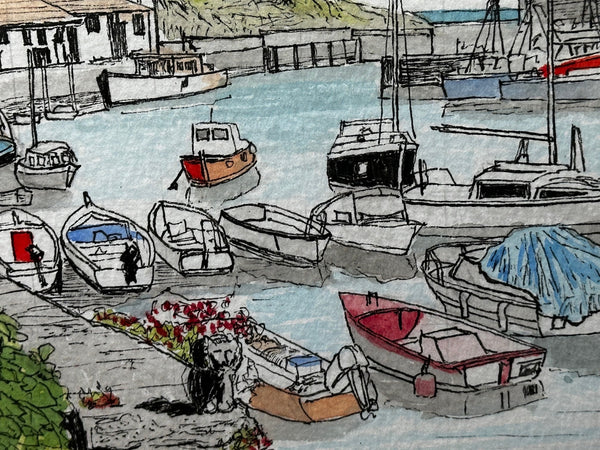 Watercolour Cornish Marine Fishing Seaside Coast Polperro Cornwall - Cheshire Antiques Consultant