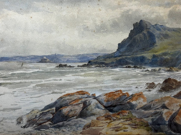 Watercolour Marine Cornwall Rocky Cliff Shoreline By A E Newling C1920 - Cheshire Antiques Consultant