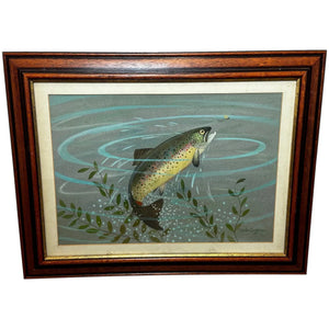 Watercolour Rainbow Trout Fish Leaping To Catch Dragonfly By Ralston Gudgeon - Cheshire Antiques Consultant