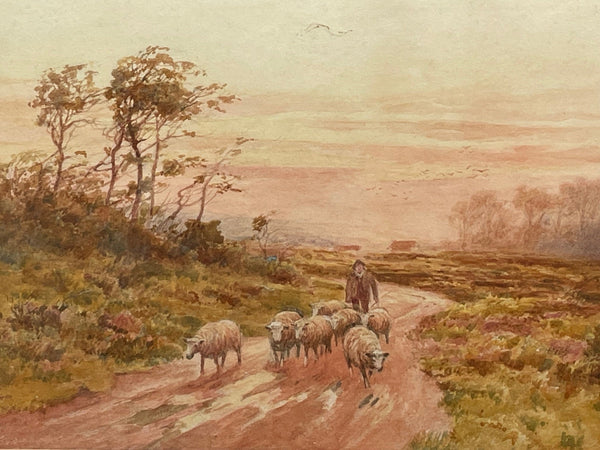 Watercolour "Returning Home" Shepherd Droving Flock Sheep Signed George Barker - Cheshire Antiques Consultant