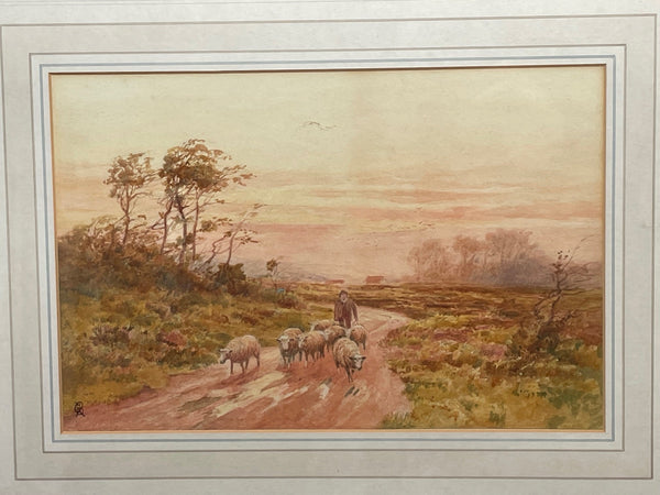 Watercolour "Returning Home" Shepherd Droving Flock Sheep Signed George Barker - Cheshire Antiques Consultant