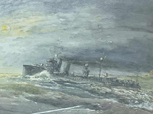 Watercolour Royal Navy HMS Watchman Destroyer Ship On Patrol Moonlight - Cheshire Antiques Consultant