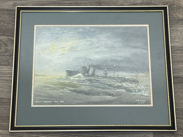 Watercolour Royal Navy HMS Watchman Destroyer Ship On Patrol Moonlight - Cheshire Antiques Consultant